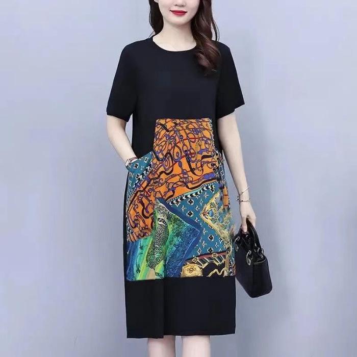 Elegant Plus Size Summer Dress - Slimming, Belly Concealing with Age-Reducing Print & Patchwork Design