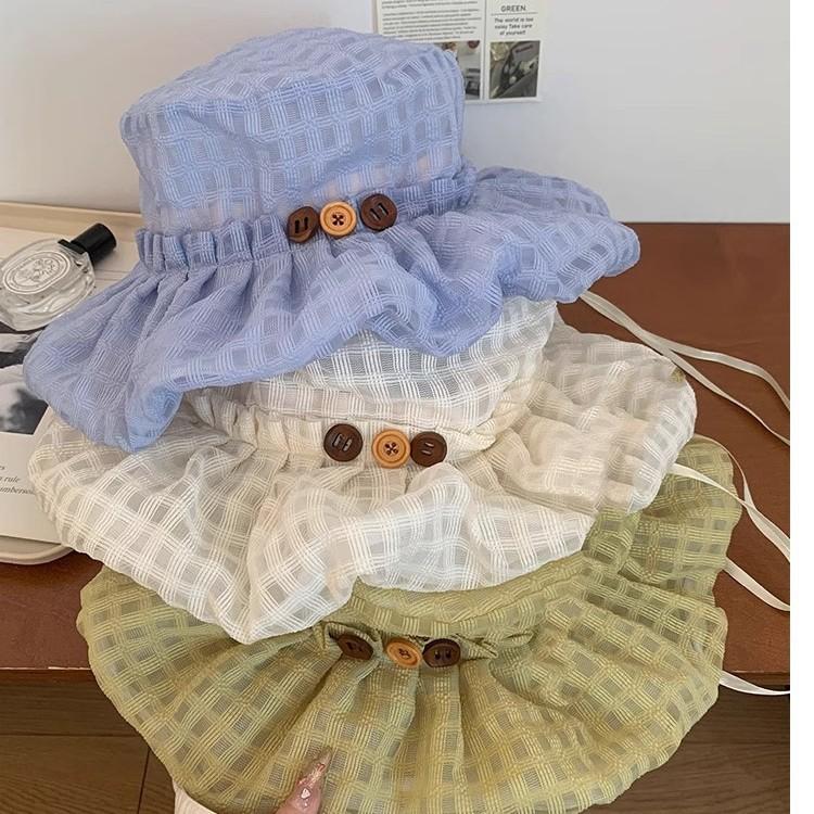Women's New Sun Hats Korean Style Checkered Button Pleated Fisherman's Hat Thin Breathable Beach Sun Hat Spring Summer Cute Cap