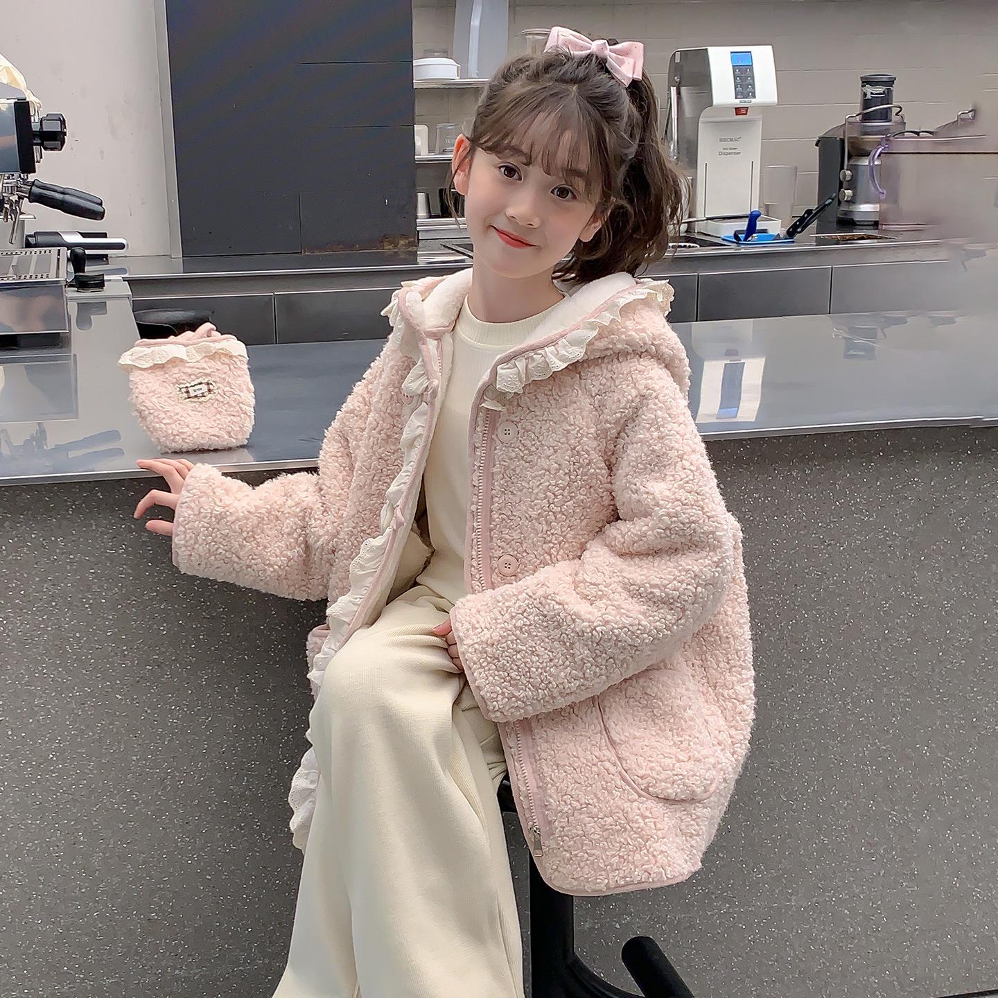 

2025 Girls Winter Lambswool Coat: Thick, Mid-Length Fleece Overcoat 150cm рожевий