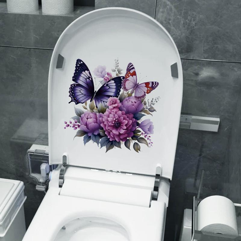 Colorful Butterfly Flowers Plant Wall Stickers Waterproof Bathroom Toilet Sticker