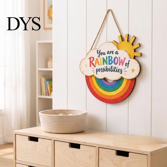 Cute Nursery Wall Art Boho Rainbow Sun Welcome Door Sign, Hanging Plaque Sign Solid Wood Decor with Inspirational Quote, Colorful Hanger for Bedroom,