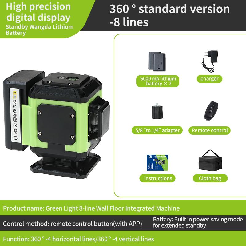 

Лазерный уровень Pracmanu, 12 линий, 3D-уровень, самовыравнивающийся горизонтальный и вертикальный крест, сверхмощные зеленые лазерные лучи 8-wire - standard зелёный