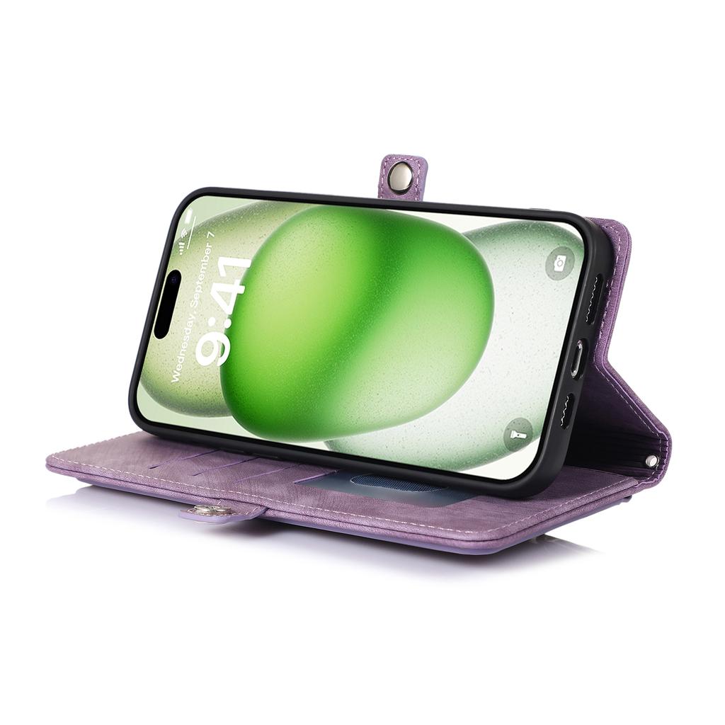 For iPhone 16 Pro Case Zipper Pocket 9 Card Slots PU Leather Phone Cover with Wrist Strap