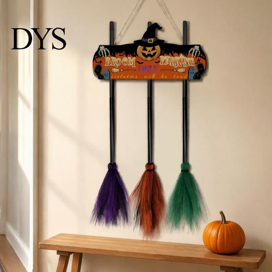 Spooky Charm Indoor Party Decor Halloween Broom Parking Sign with 3 Witch Brooms, Hocus Pocus Themed Wooden Sign, Reusable Farmhouse Entrance