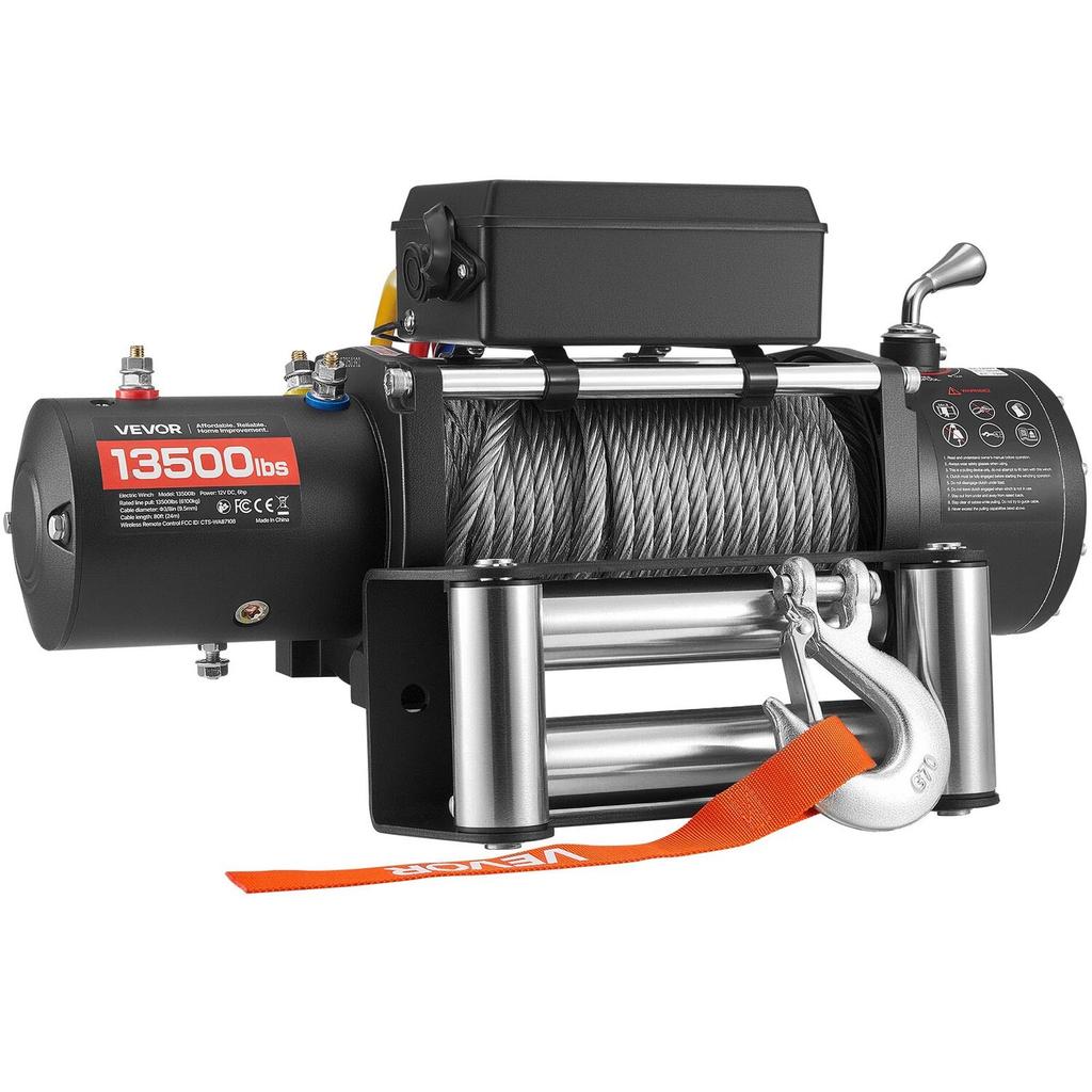 Electric Winch, 6100 kg Load Capacity, 12V DC Truck Winch with 9.5 mm x 24 m Steel Rope, Wireless & Wired Remote Control, IP55 Waterproof for Towing