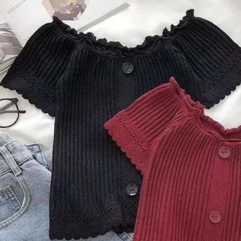 Moda Elegante Borda de Orelha de Madeira Manga Curta Ajustado Fino Gola Uma Linha Sem Alças Seção Fina Tops de Tricô Essencial Casual Pulôveres Slim Fit Camisetas