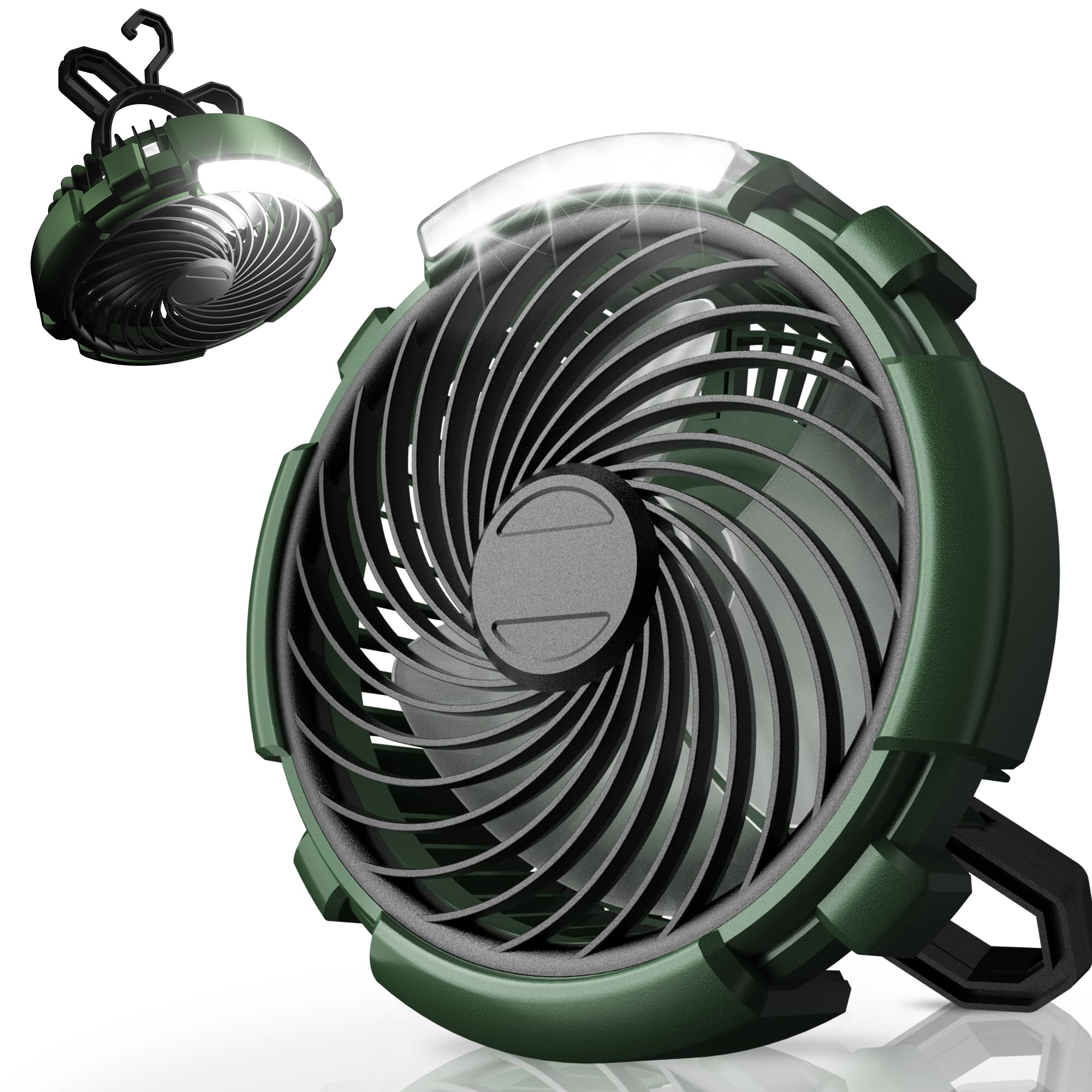 

Вентилятор для кемпинга со светодиодным фонарем, 3 скорости, вращение на 180°, портативный настольный вентилятор с крючком для подвешивания, 5400 мАч, перезаряжаемый вентилятор для палатки на открытом воздухе Green