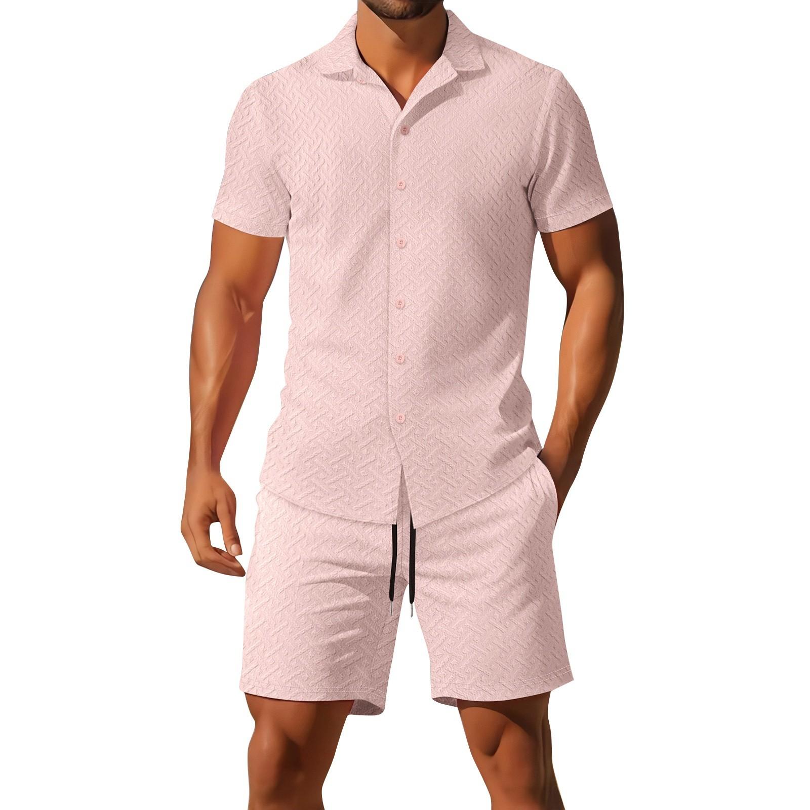 Men s Summer Solid Color  Short Sleeve Shirt And Shorts Set Men s Loose Sports And Casual Shirt And Shorts Set S розовый
