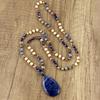 European Ethnic Blue Veined Stone Water Drop Pendant Necklace for Women - Hand-Knotted Natural Stone Sweater Chain Jewelry