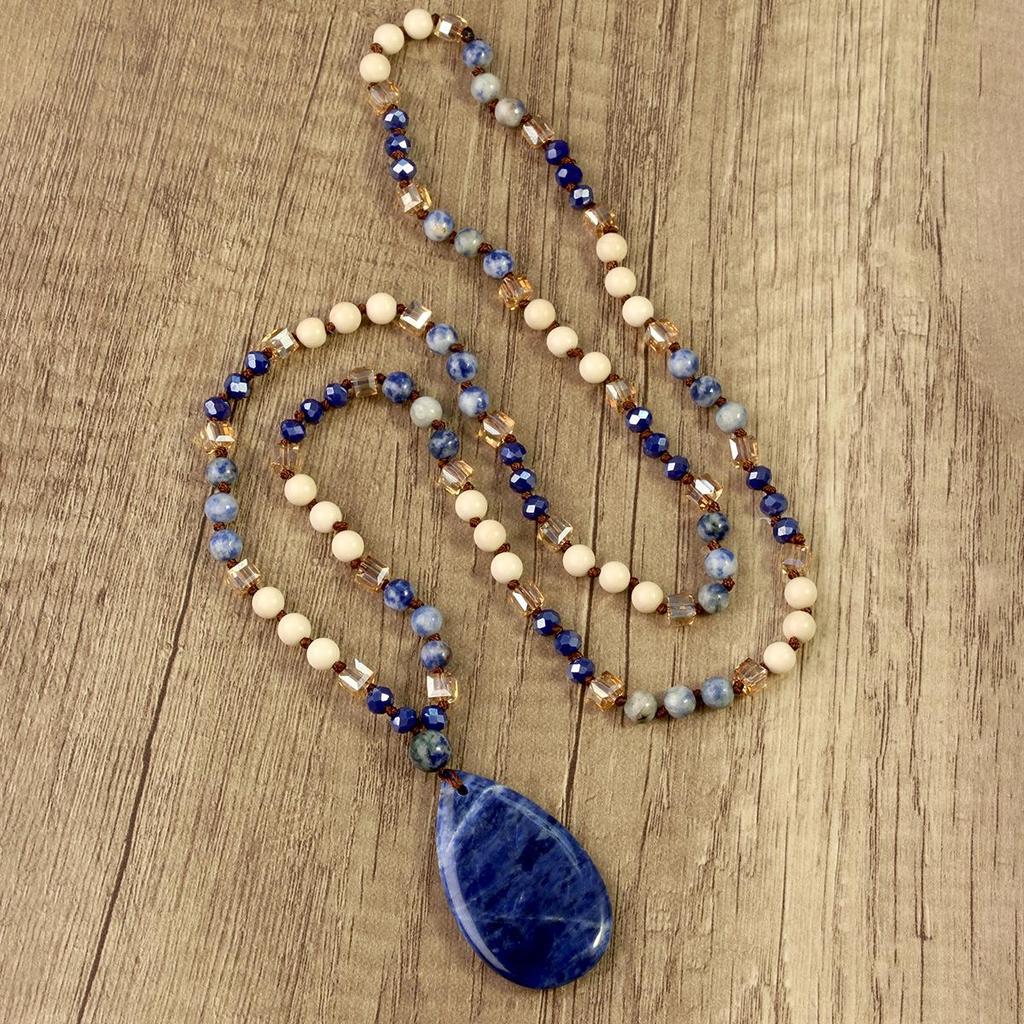 European Ethnic Blue Veined Stone Water Drop Pendant Necklace for Women - Hand-Knotted Natural Stone Sweater Chain Jewelry