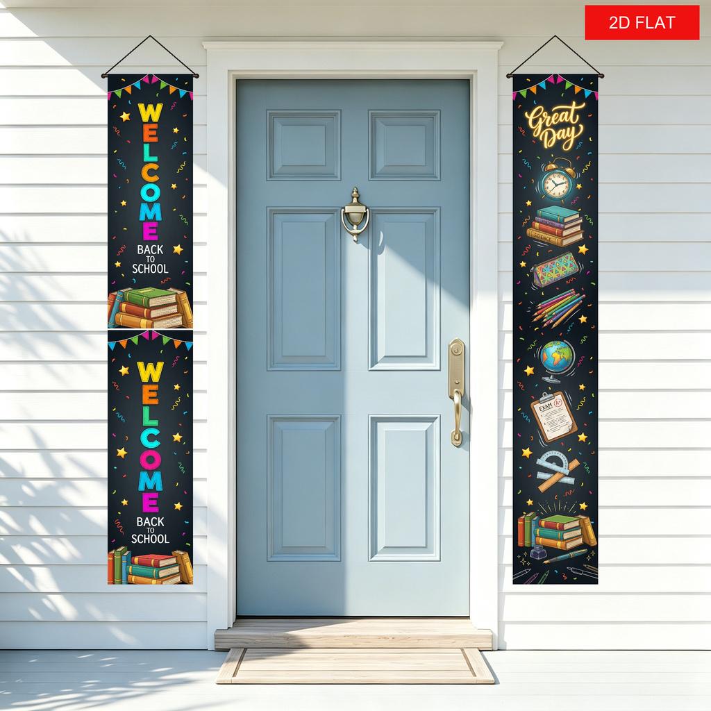 2D Flat, 2D Flat Banner, 2pcs Back-to-School Season Welcome Door Banner Couplet with Chalkboard, Colored Pencil, Book, Alarm Clock Pattern Hanging Fla