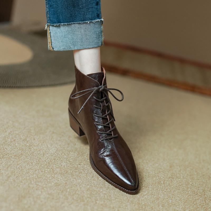 2024 Nye Høst Snørestøvletter for Kvinner Spiss Tå Tykk Hæl Støvletter Ekte Skinnsko for Kvinner Konsise Svarte Ankelstøvletter