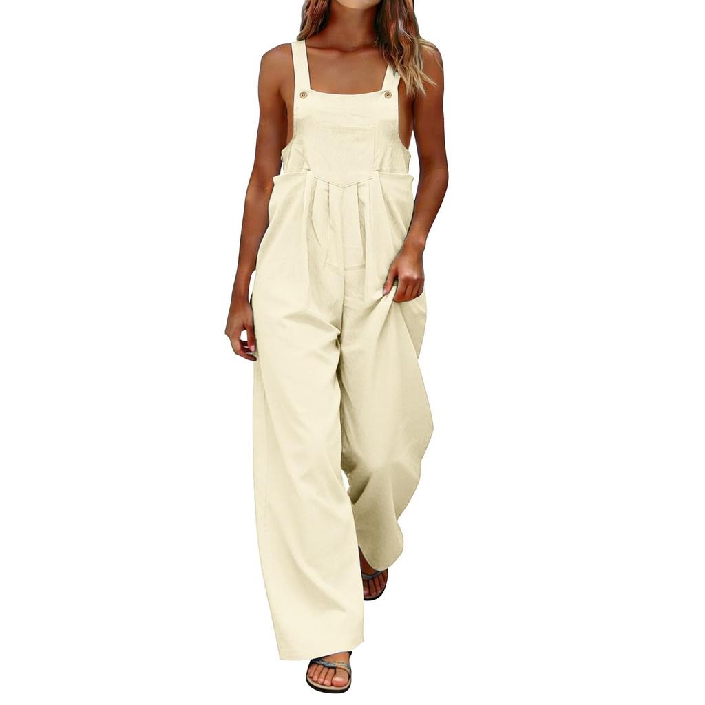 Women's Fashionable Color Sleeveless Casual Wide Leg Loose Jumpsuit With Pocket