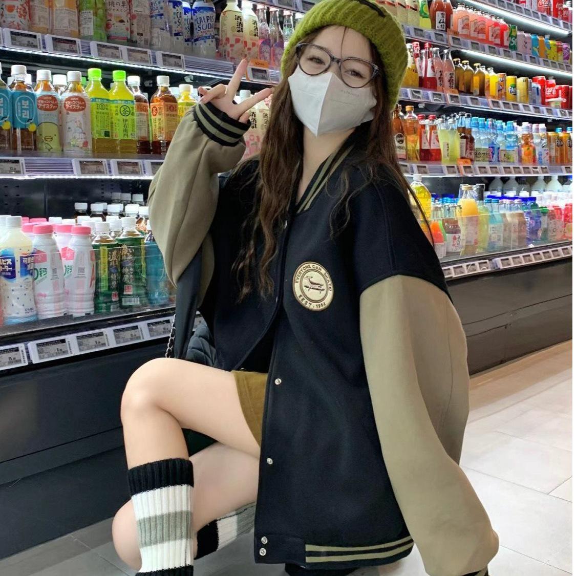 Women s Retro Embroidered Fleece-Lined Baseball Jacket - Thickened and Loose Fit for Winter L чёрный