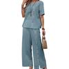Completo da Donna in Misto Lino a Maniche Corte con Scollo Quadrato e Bottoni, Pantaloni a Gamba Larga a Vita Alta con Bottoni Laterali, Completo Casual Bicolore a Due Pezzi