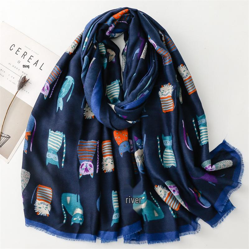 Autumn/Winter Cotton-Linen Silk Scarf: Fashionable Cartoon Kitten Print Shawl for Women