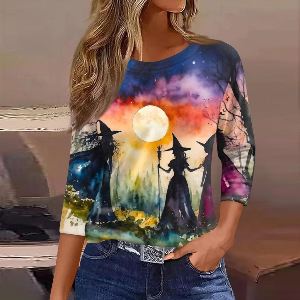 Women's Casual Top with Halloween Print Three Quarter Sleeve Neck Pullover for Fall Everyday Wear