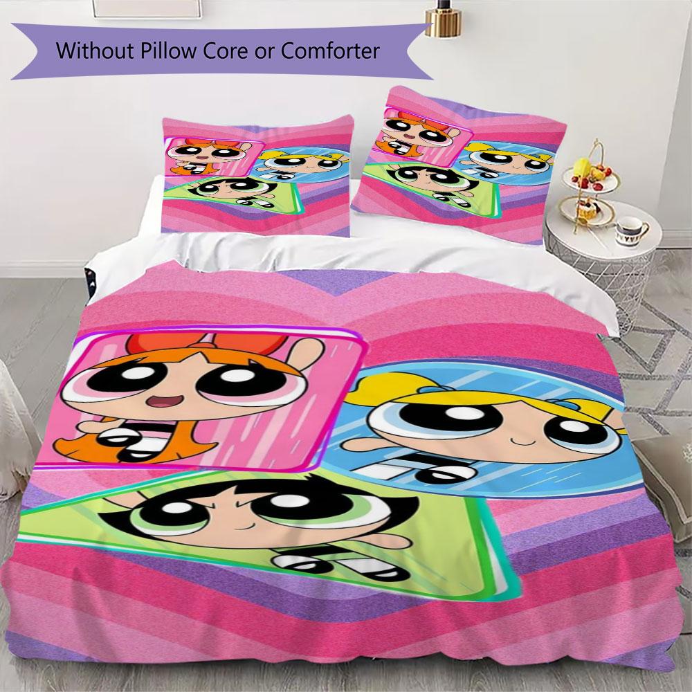 Cartoon Powerpuff Girls print children's duvet cover set, soft and skin-friendly, available in multiple sizes, bedroom bedding.