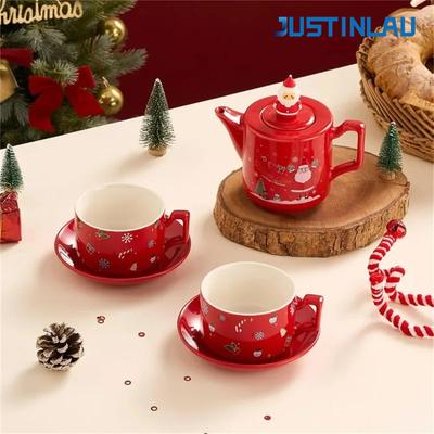 JUSTINLAU Christmas Coffee Cup Saucers Stackable Red Ceramics Teaware Sets Santa Claus Snowman Elk Teapot Teacup Xmas Gifts