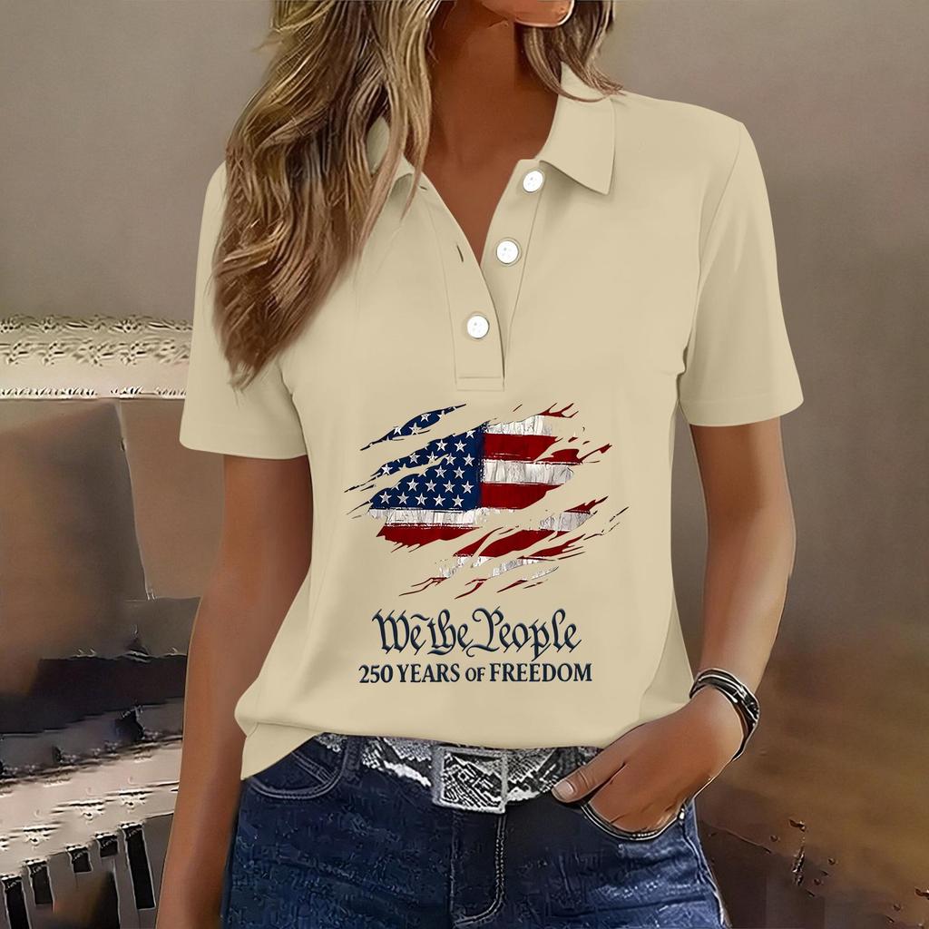 Damen Casual Knopfleiste Kurzarm Poloshirt Amerikanische Flagge Grafikdruck 250. Jahrestag Patriotisches Oberteil Leichtes Sommer-T-Shirt