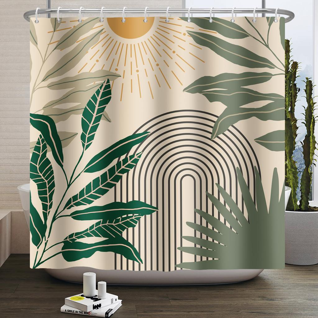 Mid Century Abstract Boho Shower Curtain Green Leaf Plant Modern Arch Sun Minimalist Nordic Waterproof Bathroom Bath Curtain