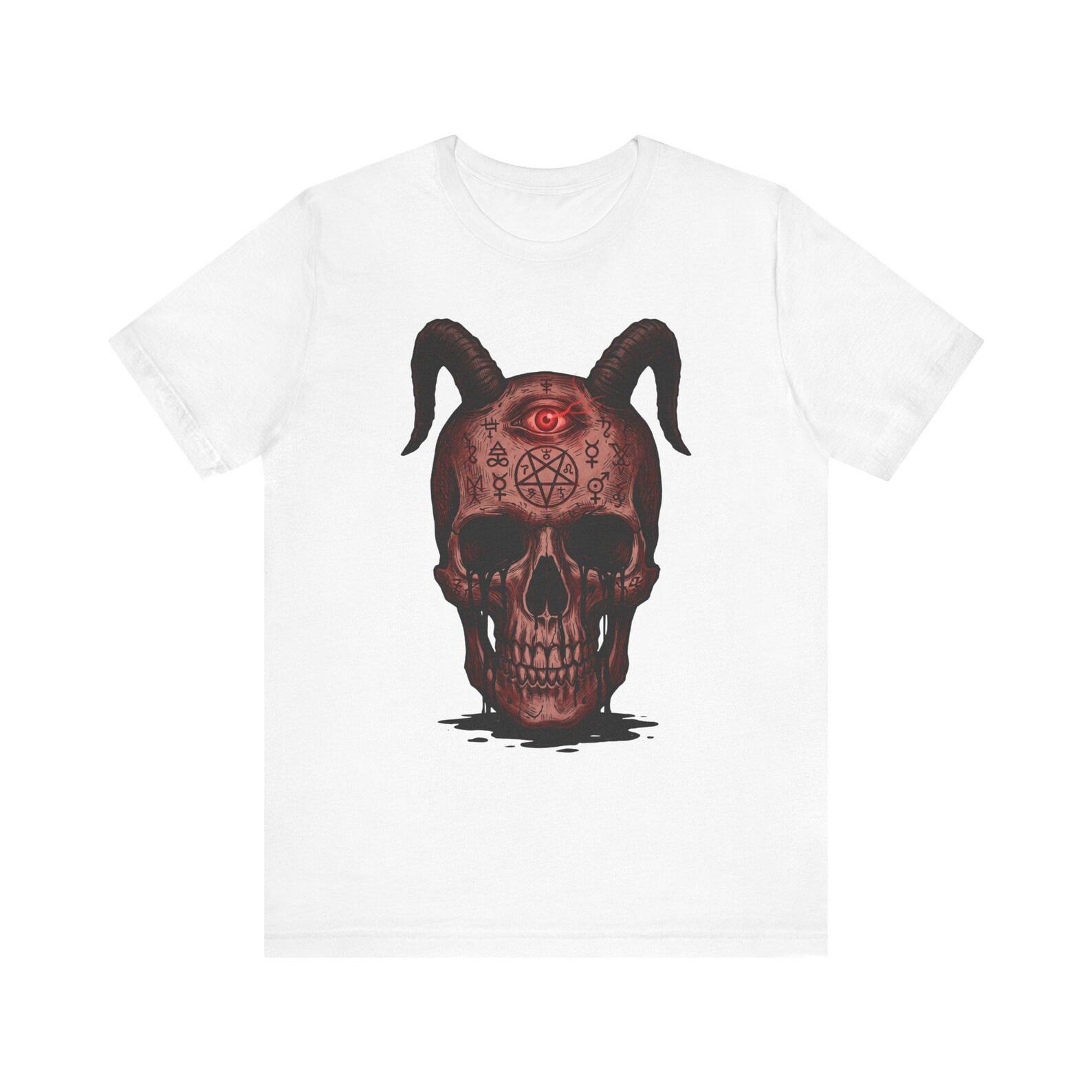 Third Eye Demon Skull T-Shirt | Occult Horned Skull Graphic M