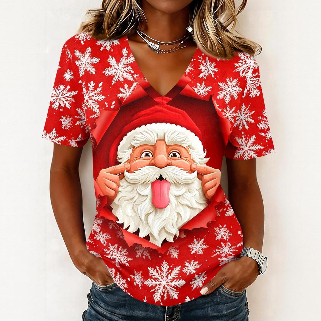 Casual Kerst V-hals Top met Korte Mouwen en Feestelijke Print voor Vakantiefeest