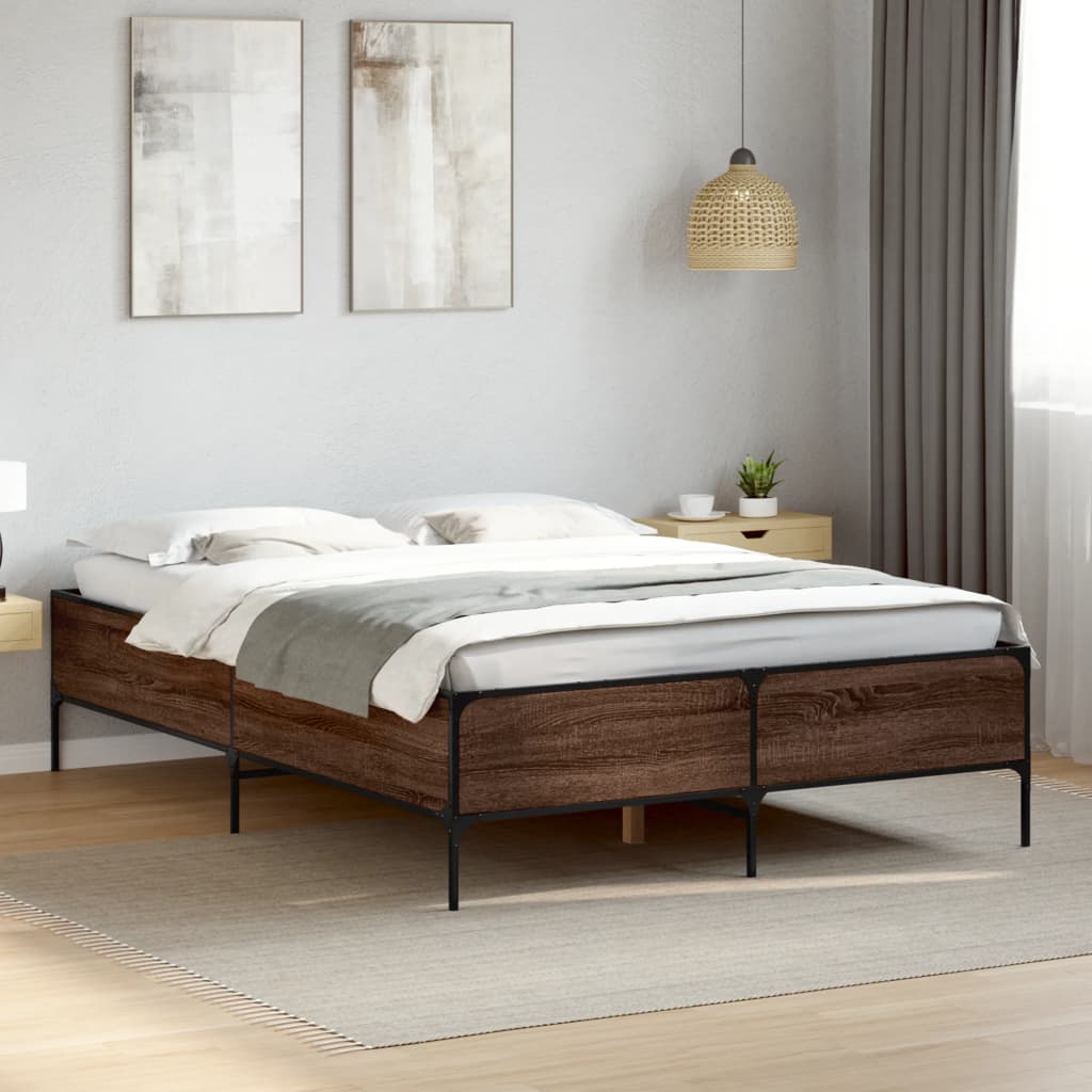 Brown Oak Effect Bed Frame 135 x 190 cm Wood Based Panel & Metal