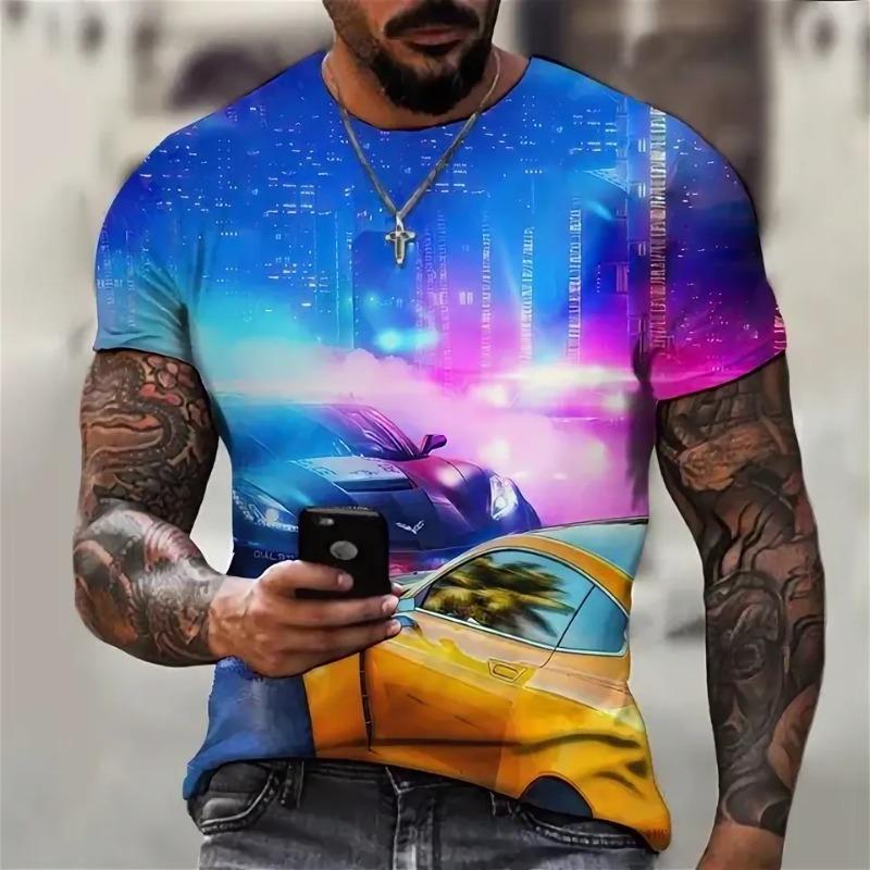 Men's Car Pattern T-shirt 3D Printed Round Neck T-shirt Casual Loose Men Quick Drying Breathable Comfortable