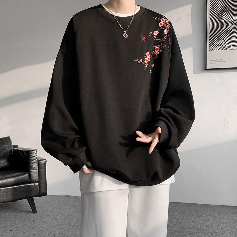 Chinese Style Pull On Sweatshirts Men Fashion Embroidery Casual Hoodie Male Round Neck Loose Spring Autumn Streetwear Tops