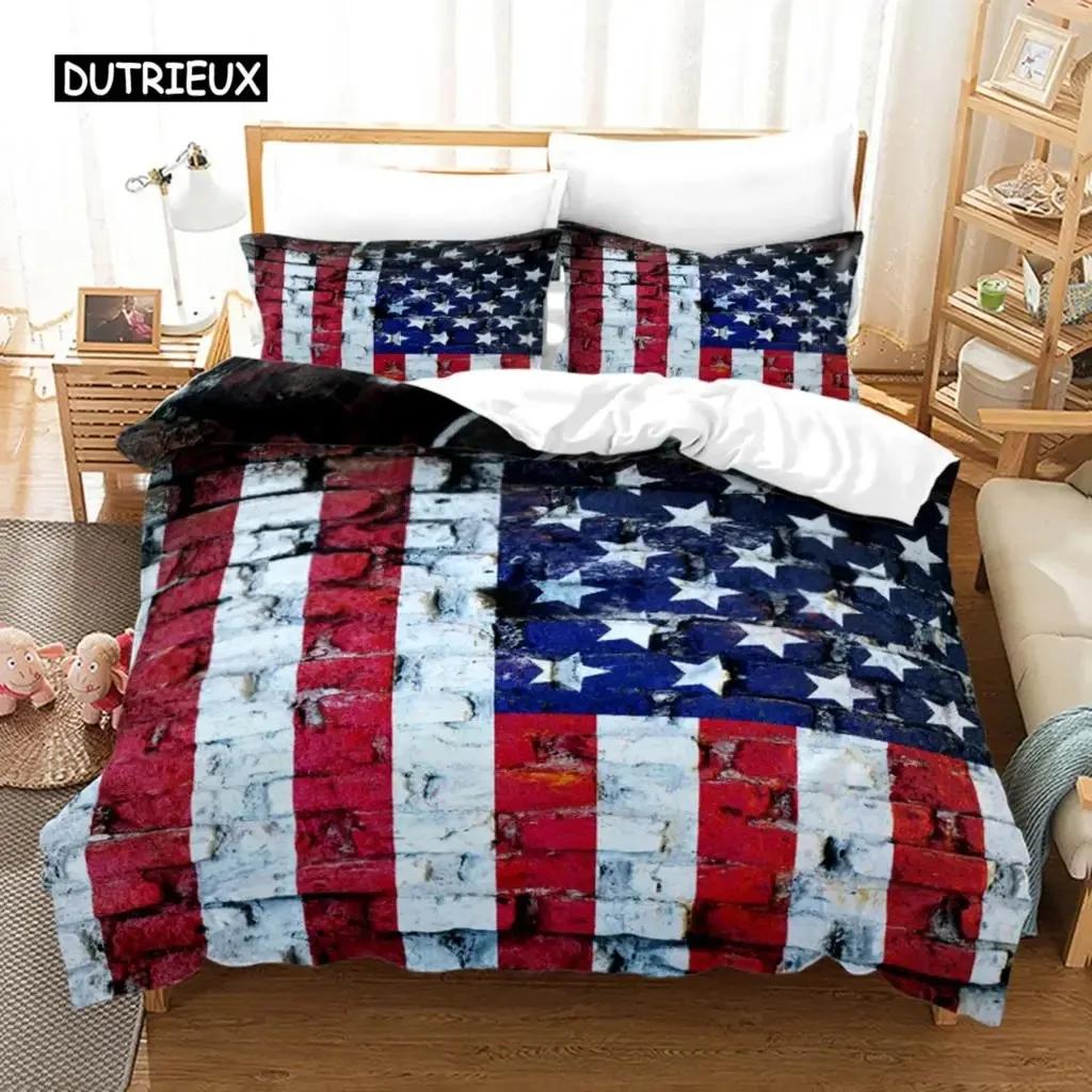 Bettbezug-Set mit amerikanischer Flagge, Mikrofaser, rot-weiß gestreift, Dekor, Bettwäsche-Set, Unabhängigkeitstag, Freiheitsthema, Bettbezug für Teenager