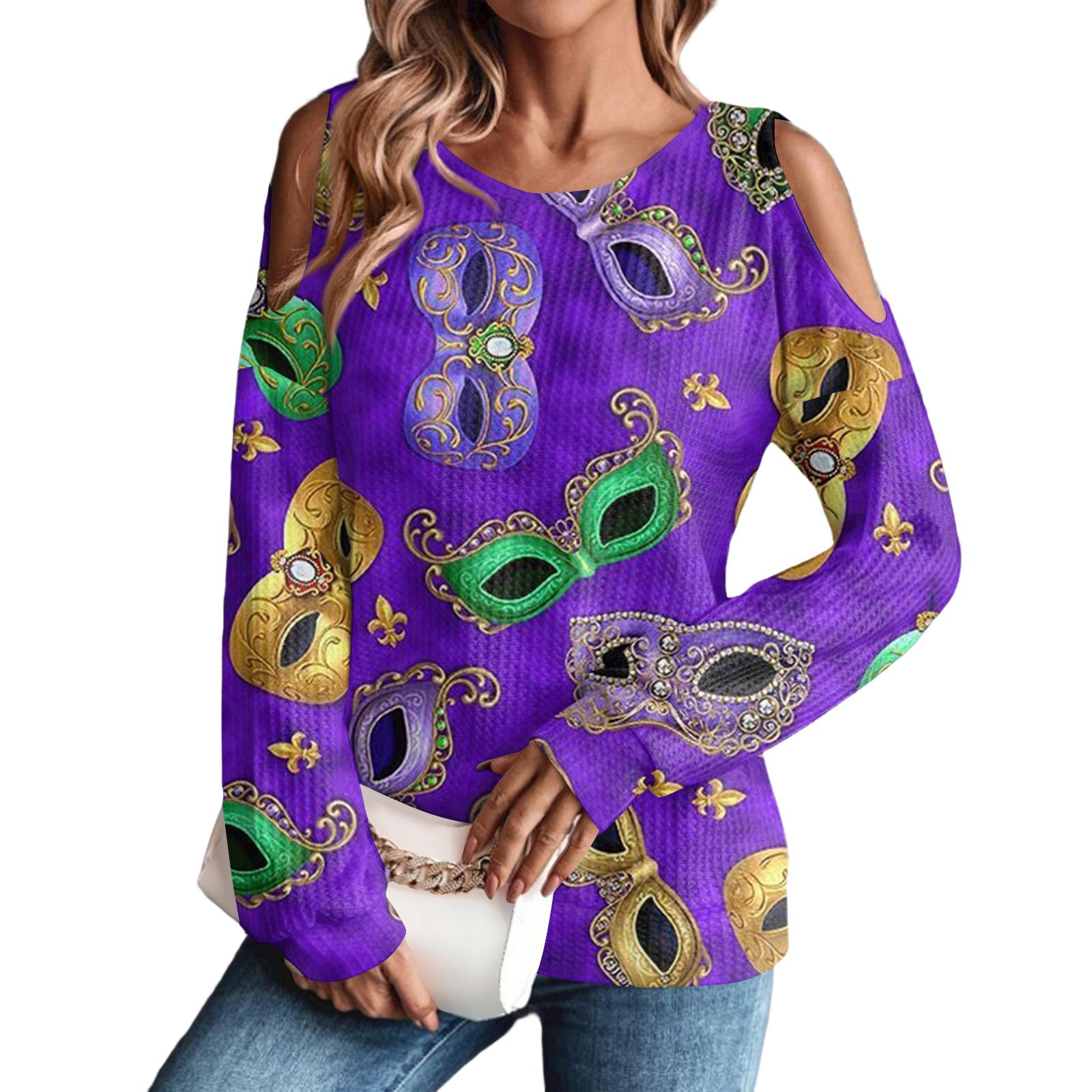 

Женская зимняя футболка оверсайз Модная с открытыми плечами Круглый вырез Винтажный цветочный принт Пуловер С длинными рукавами Топ XL фиолетовый