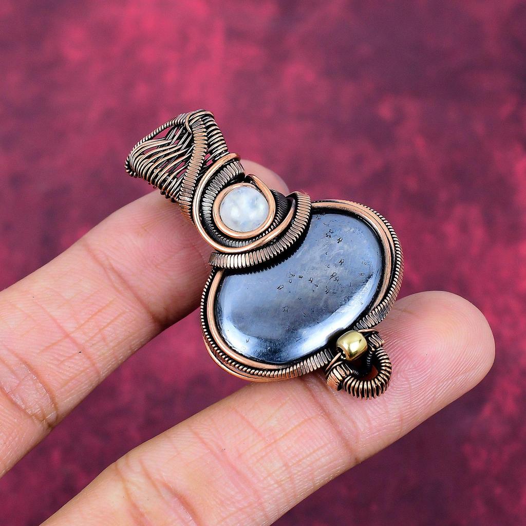 Shungite Gemstone Pendant Rainbow Moonstone Jewelry Copper Wire Wrapped Pendant
