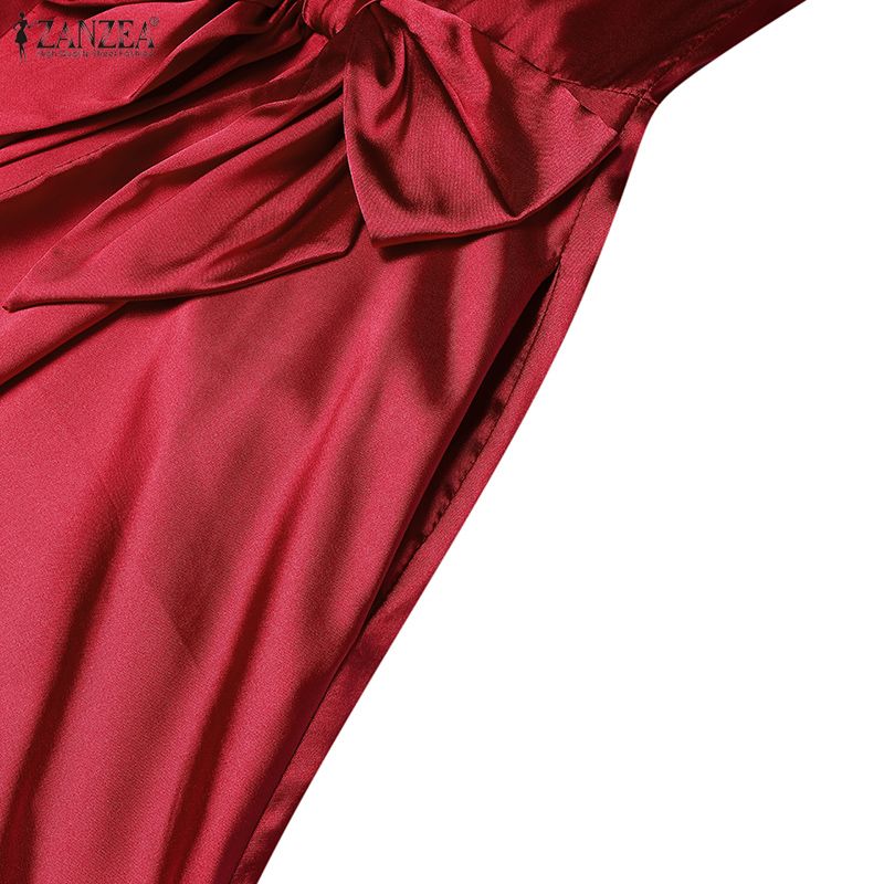 ZANZEA Women Elegant V-Neck Casual Short Sleeve Satin Long Dress
