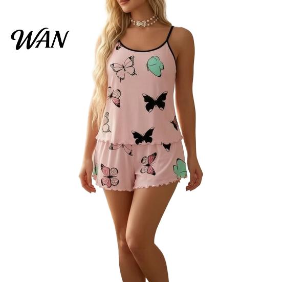 Leichte Damen-Schlafanzüge, 2-teilige ärmellose Trägertop- und Shorts-Sets, Sommer Schmetterlingsdruck Rüschen