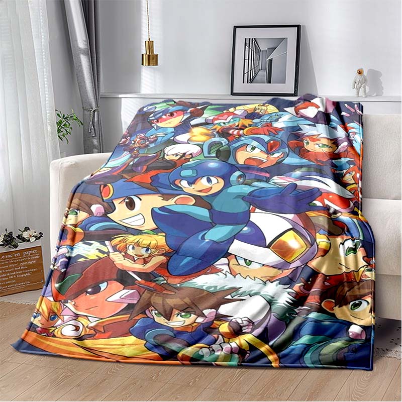 Mega Man Anime Print Flannel Throw Blanket Soft Warm Bed Cover for Kids Bedroom Sofa Home Decor Gift