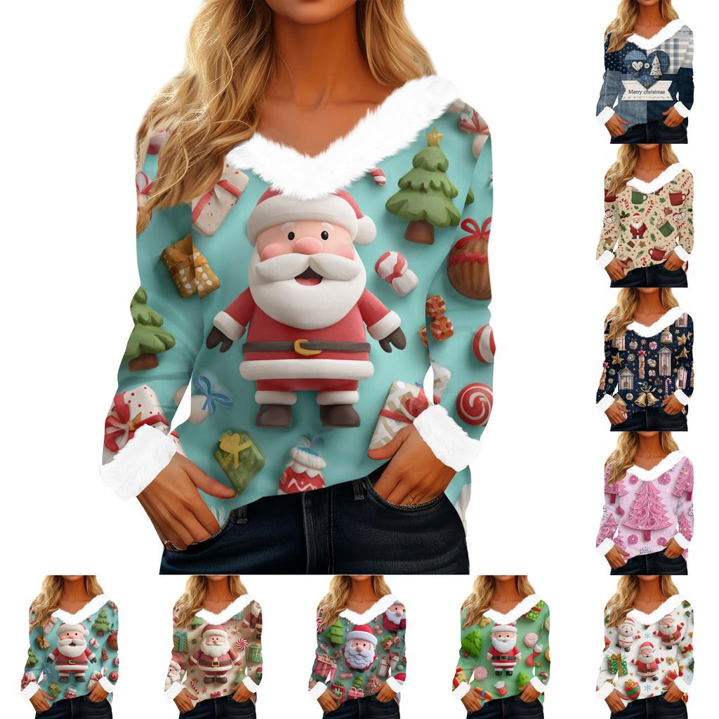 Women's Casual Fashion Long Sleeve Christmas Printed Flannel Collar Top