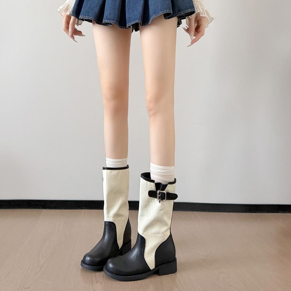 Spot locomotive boots inner height increase cm thick heel buckle desert cowboy pile western short boots women's Martin boots medium tube