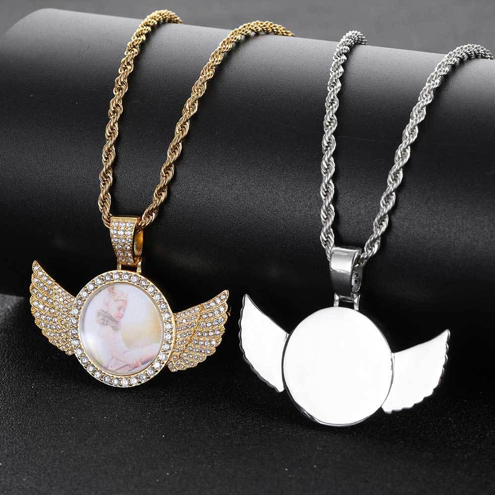 European-American Hip Hop Angel Wings Zircon Photo Frame Pendant Necklace