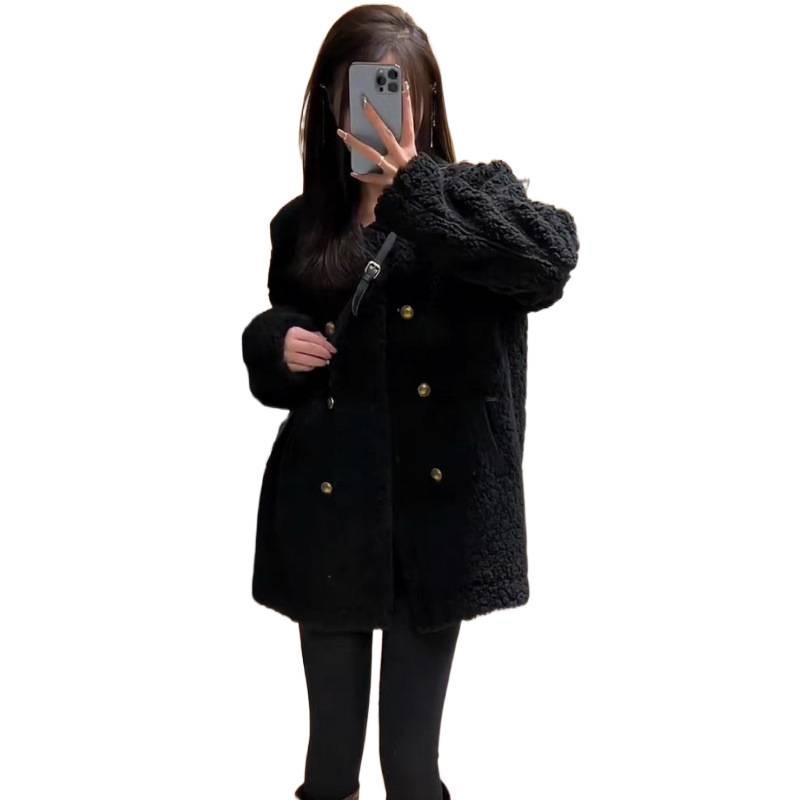 Korean-Style Women's Lambswool Fur Coat - Thick Double-Breasted Round Neck for Autumn/Winter 2025