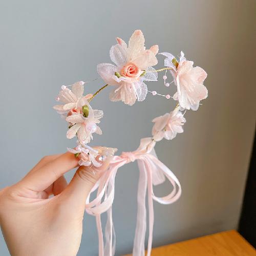 Children's Crown Flower Lace Headwear Cute Princess Garland Pearl Ribbon Hair Clasp Wedding Flower Girls Hair Accessories