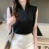 Wrap V-Neck Sleeveless Slim Fit Women Top Solid Color Satin Blouse