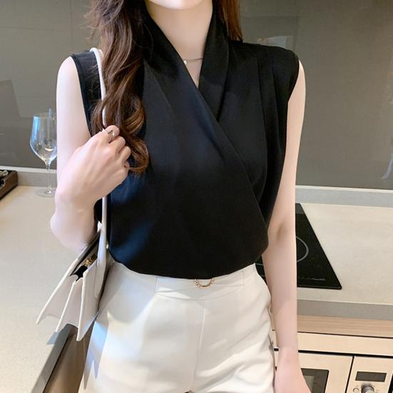Wrap V-Neck Sleeveless Slim Fit Women Top Solid Color Satin Blouse