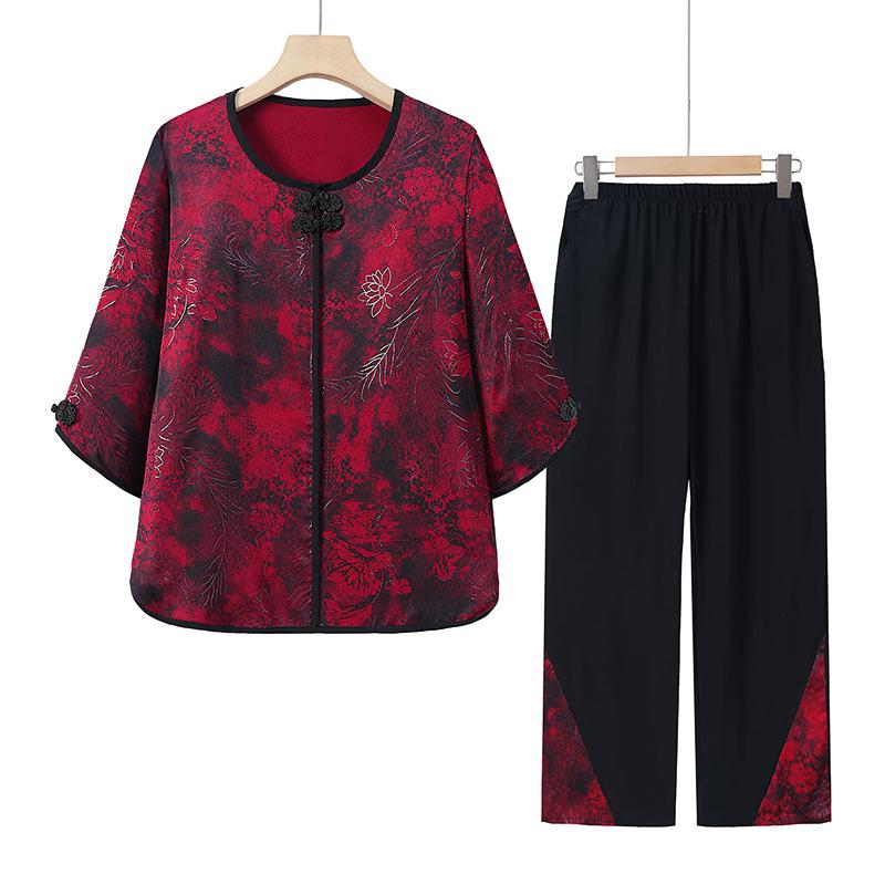 

Grandma s Plus Size Summer Outfit: Loose Seven-Sleeve Pullover & Nine-Point Pants Set 4XL for 65-73kg красный