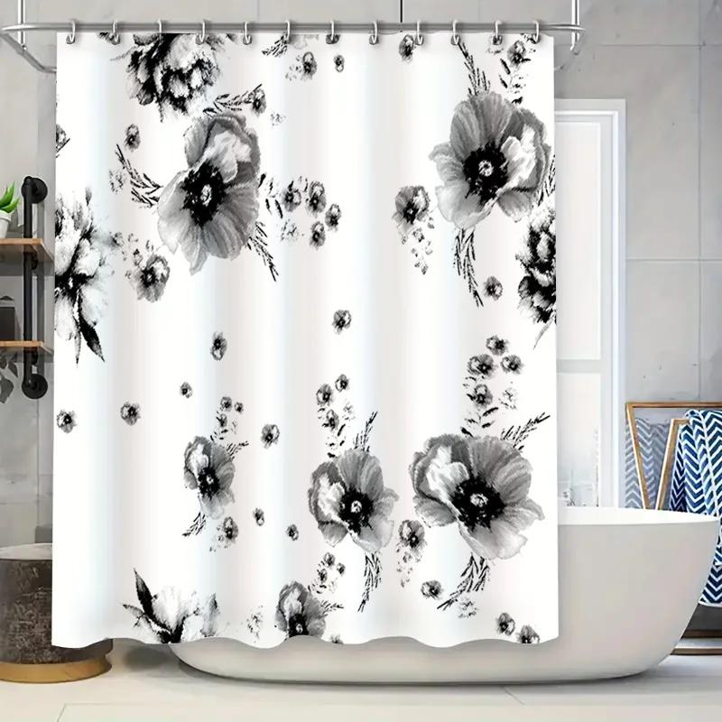 

Black And White Flower Shower Curtain Waterproof Bath Mat Decorative Home Decor Bathroom Curtains For Bathtub W90xH180cm