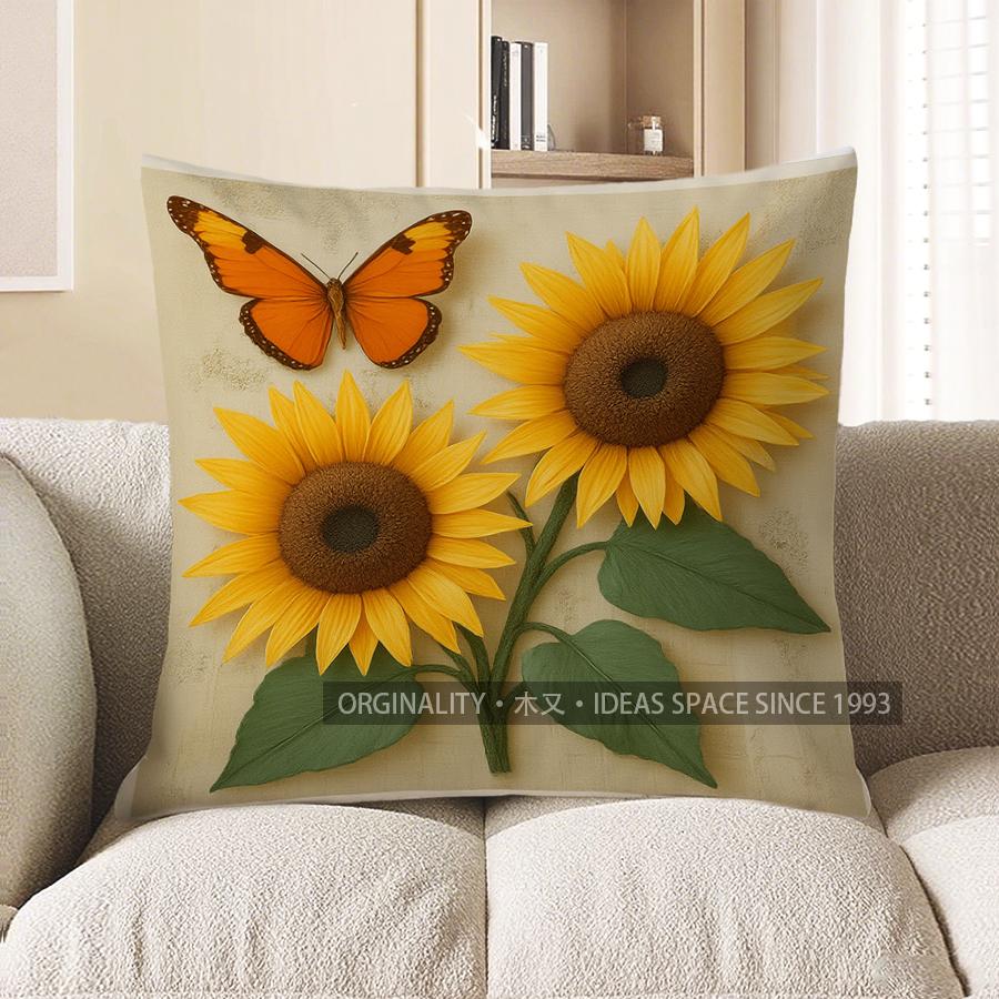 Home Decor Sunflower & Bird With Vintage Script Design Pattern Cushion Cover Suitable For Sofa Bedroom Car Pillow Cover
