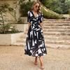 Women V Neck Waist Wrapped Floral Summer Dresses with High Sleeves
