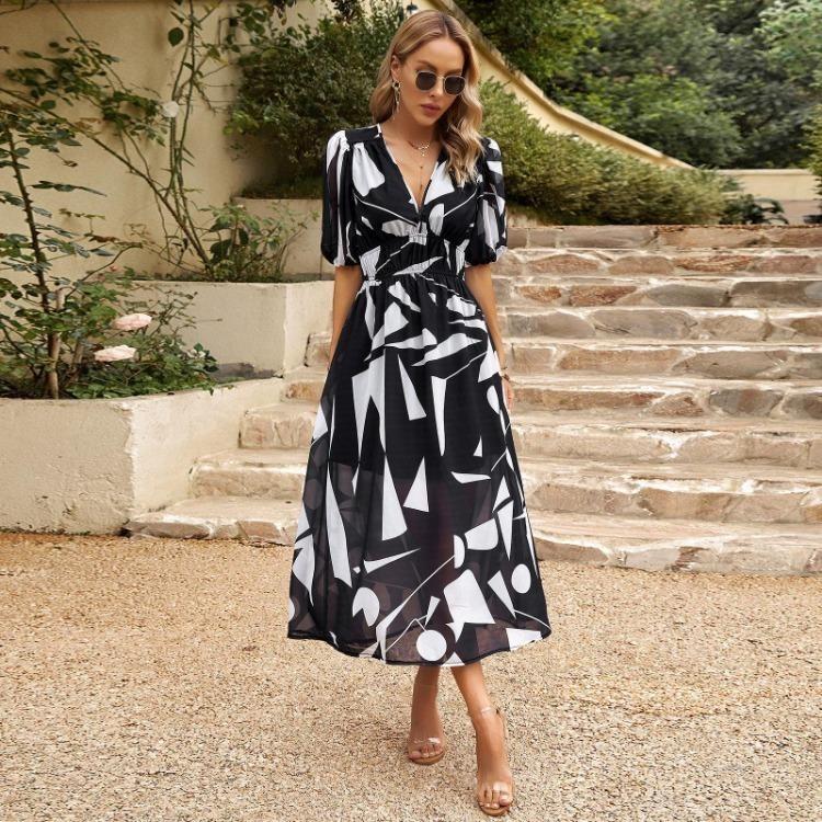 Women V Neck Waist Wrapped Floral Summer Dresses with High Sleeves