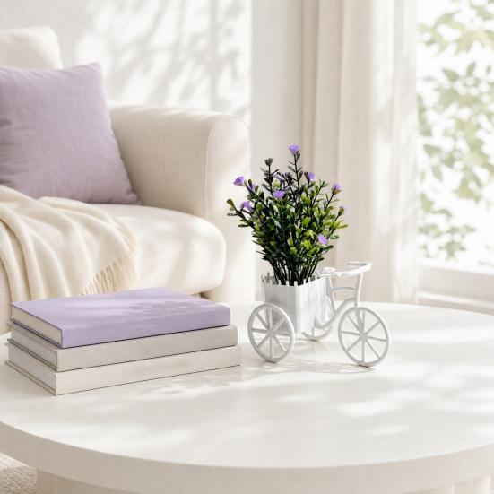 Fake Gypsophila Plant, Rustic Style Pink/Purple Flower Three-Wheel Cart Figurine, Simulated Small Flowers Desktop Home Decor Display Ornament