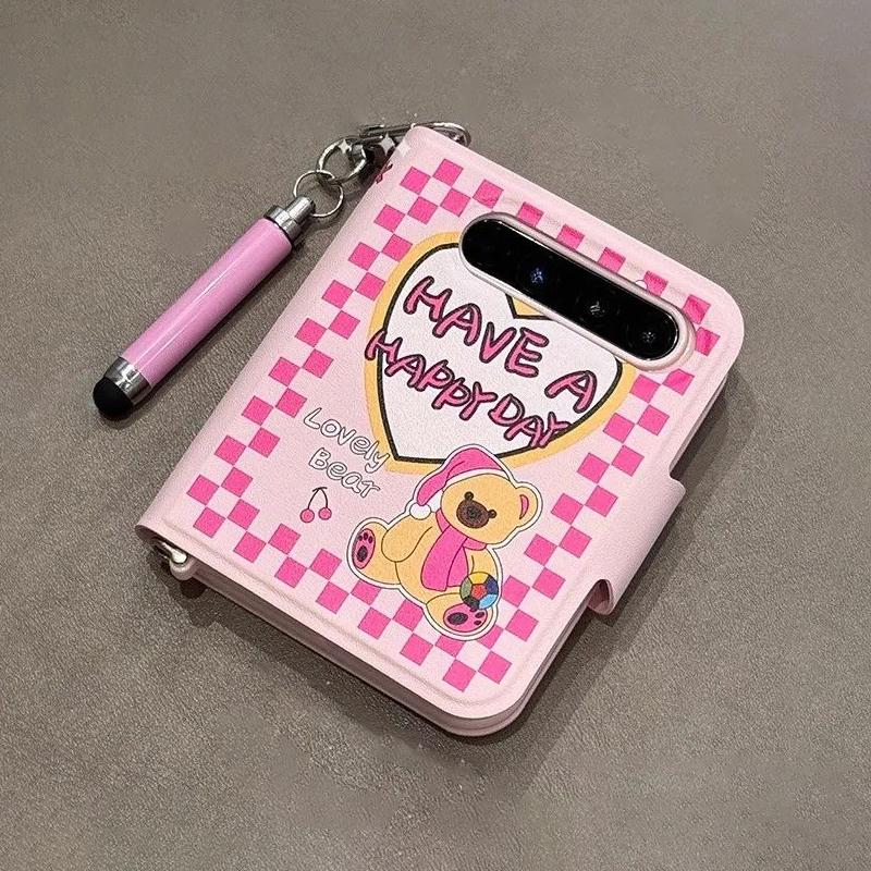 Cute Book Style Flip Case for Samsung Galaxy Z Flip6 zflip5 Case Cartoon Pink Leather Cover with Stylus and Hand Strap